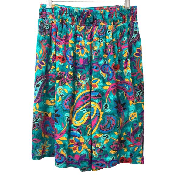 80s 90s High Waist Flowy Rayon Shorts Wide Leg Teal & Multicolor Floral Petite - Picture 8 of 10